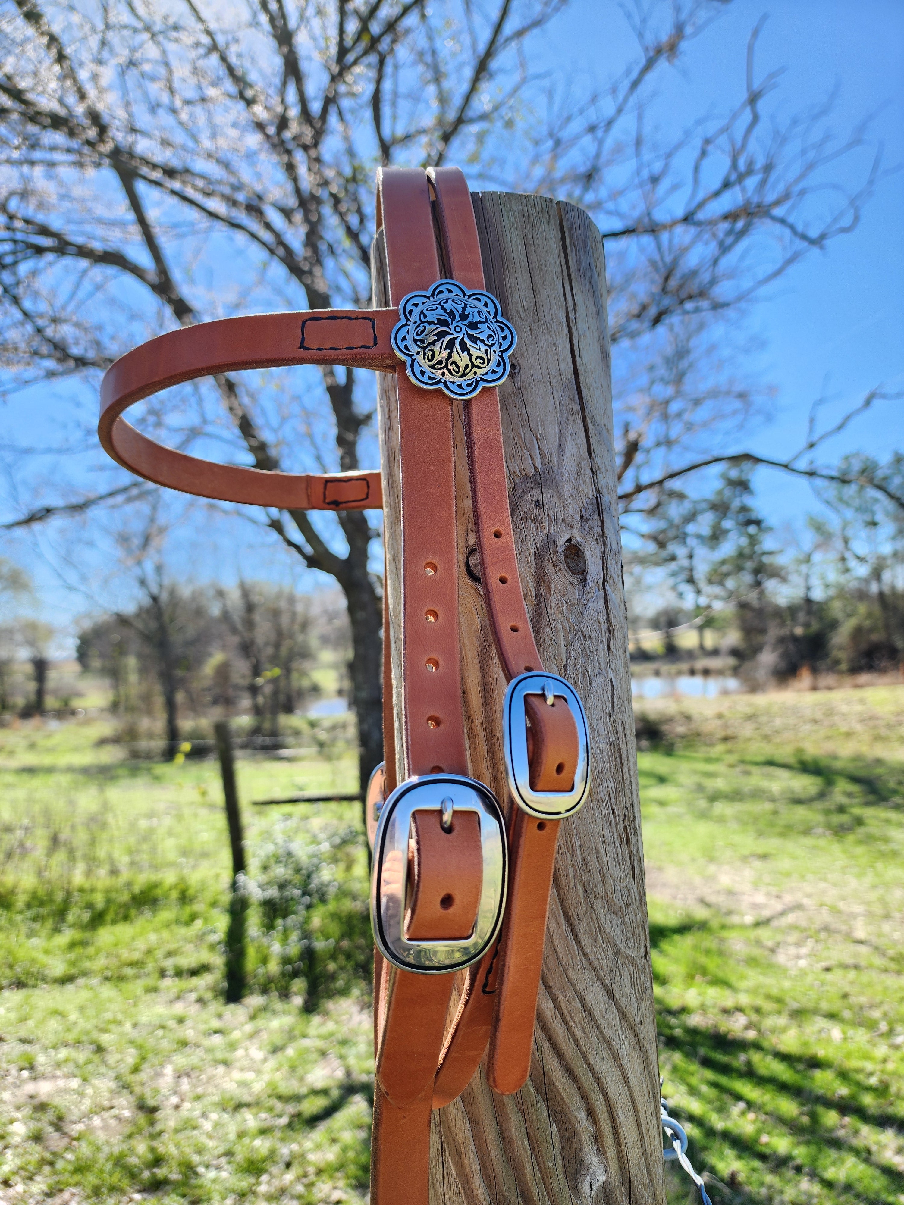 Handmade harness leather browband headstall by Starlight Leather Co.