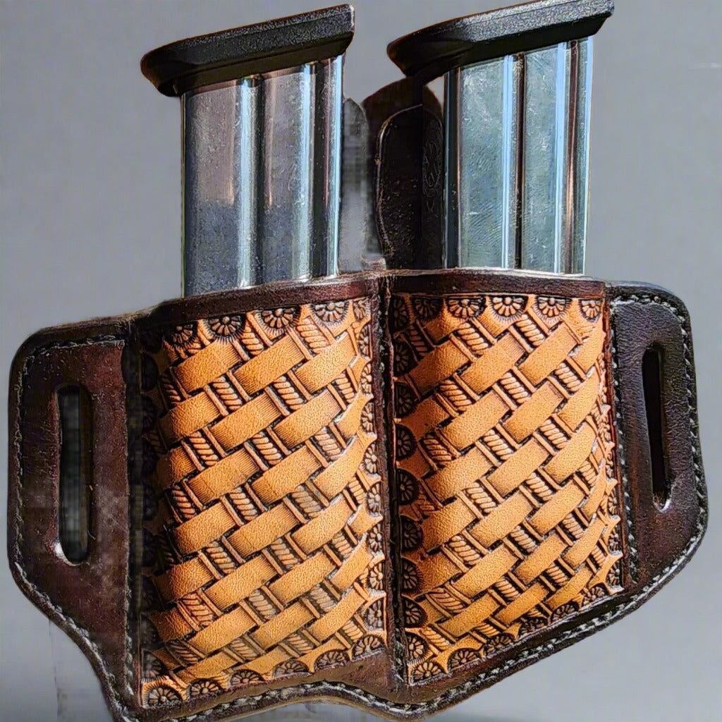 Handcrafted two-tone leather magazine holder with basketstamping by Starlight Leather Co.